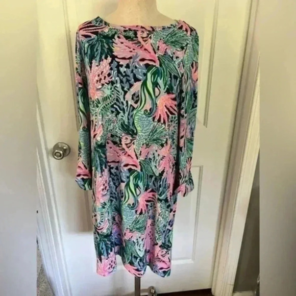 Lilly Pulitzer Dresses & Skirts - Lilly Pulitzer Linden Dress Blue Pink Ocean Print Seahorse Coral Reef 3/4 Sleeve